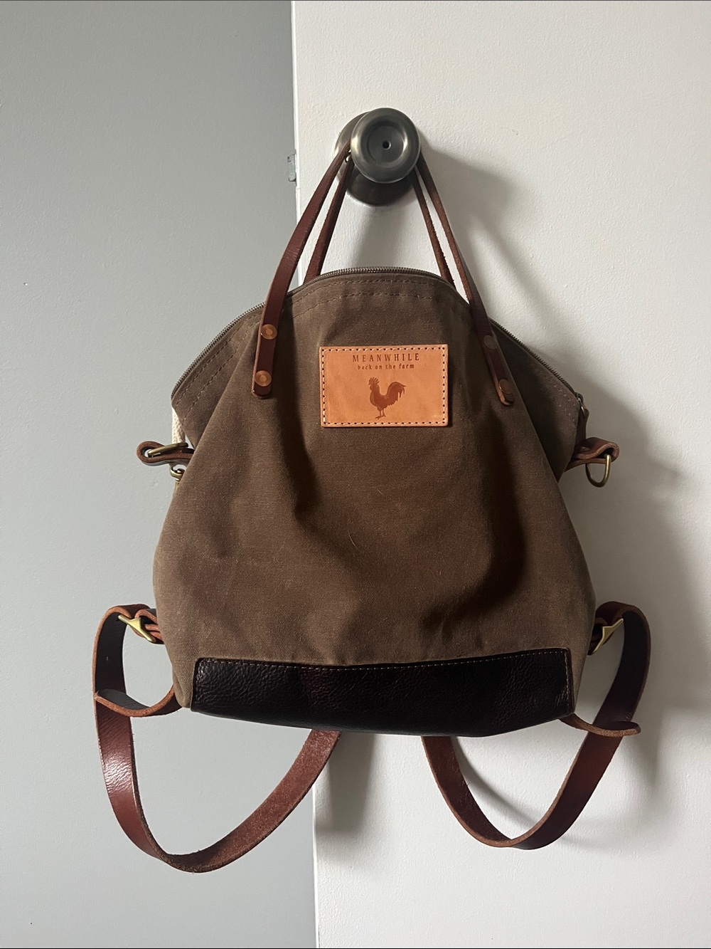 Meanwhile Back on The Farm Brown Canvas Backpack with Leather Trim